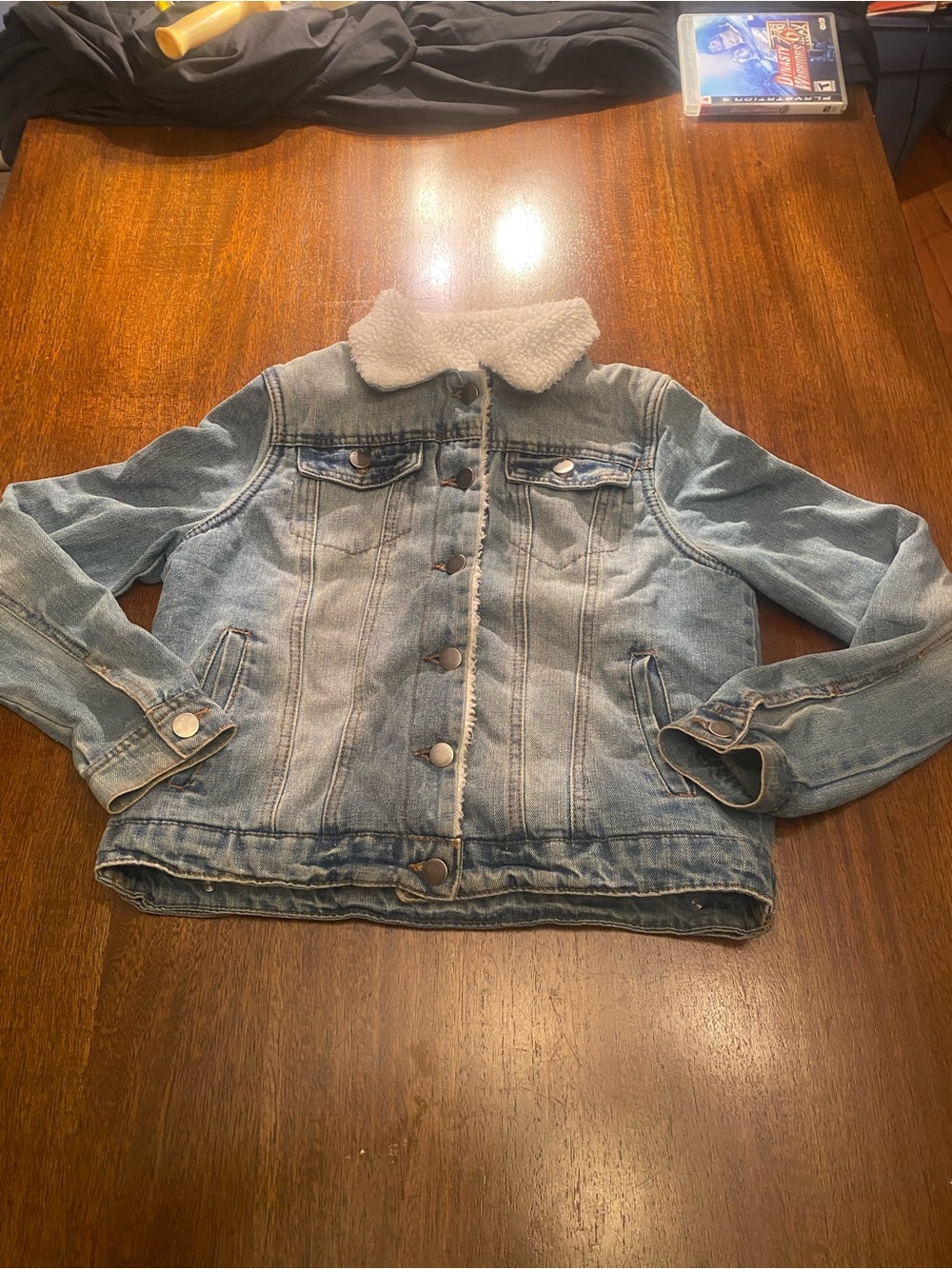 Dollhouse Women Small Sherpa Lined Denim Jean Jacket Faux Fur Collar Blue Jean S